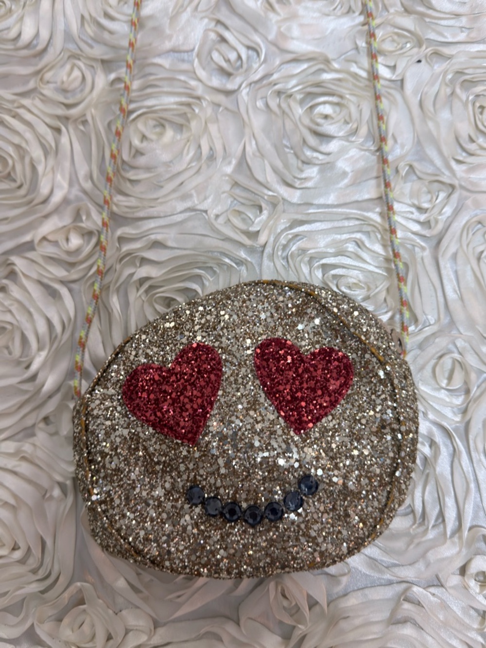 Crewcuts Glitter Heart-Eyes Emoji Crossbody Bag in Gold and Red